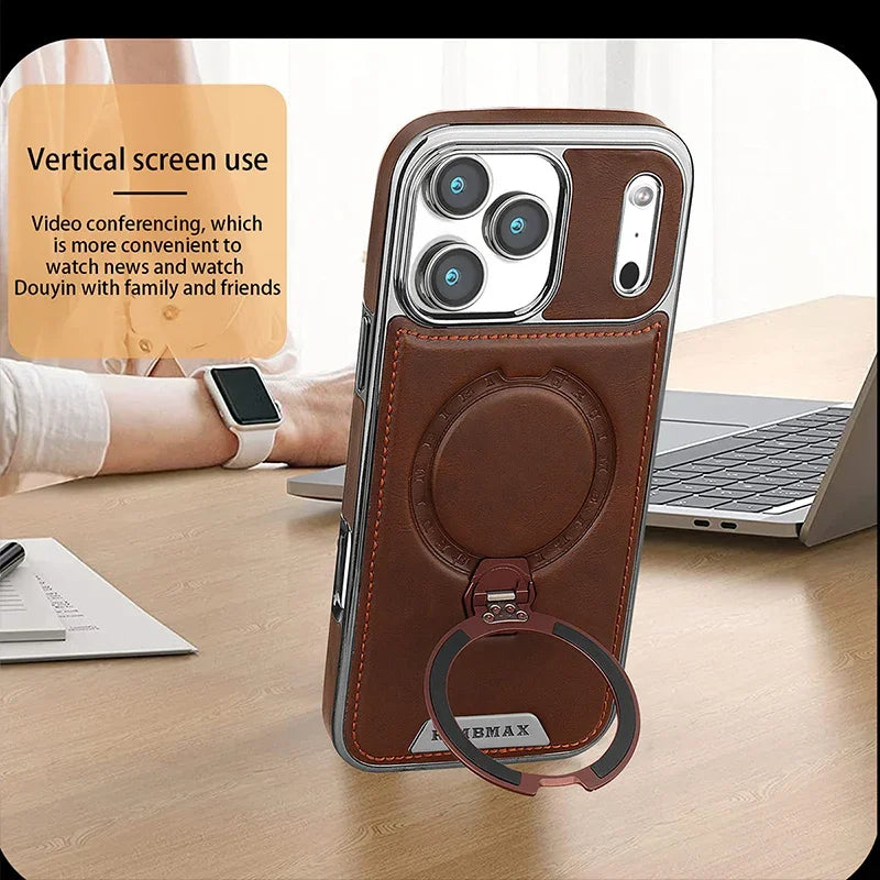 Luxury Leather Phone Case For Apple iPhone 12 13 14 15 16 17 18 Pro Max Plus Wireless Charging Magnetic Ring Kickstand Cover