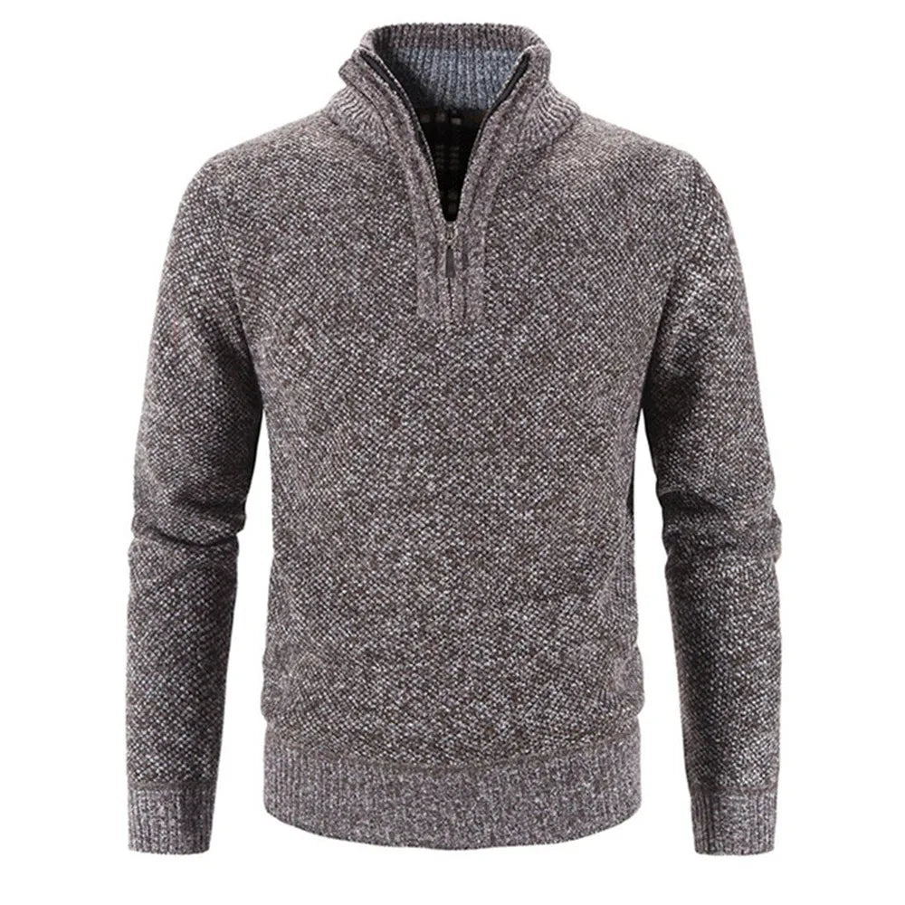 Winter Men's Fleece Thicker Half Zipper Sweater Stand Collar Warm Pullover Quality Slim Fit Knitted Sweaters Male Clothing