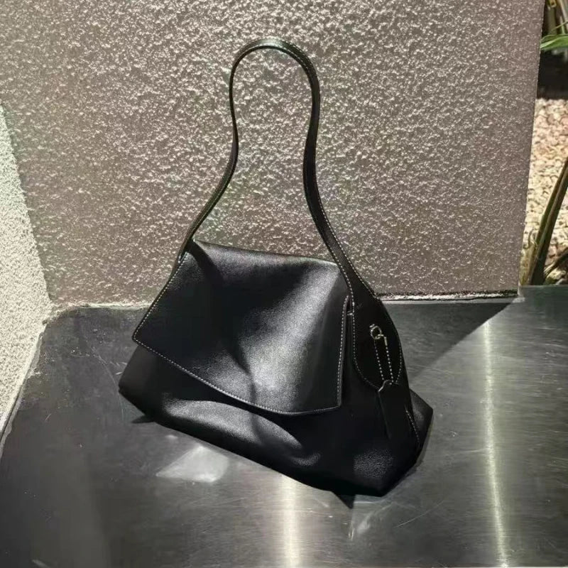 Luxury Genuine Leather Women's Shoulder Bag Large Capacity Flap Underarm Bag Simple Solid Color Soft Leather Brand Handbag