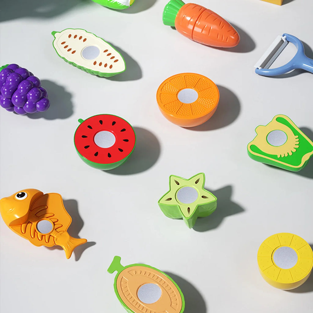 Juego de cocina con alimentos de juguete para cortar: frutas, verduras y comida rápida para jugar a cocinar. Regalo educativo para niños y niñas pequeños y bebés.