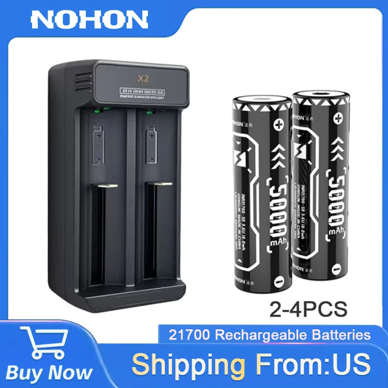 NOHON 2-4 Stück wiederaufladbare 21700-Akkus mit Ladegerät, 5000 mAh, hohe Kapazität, 30 A, lange Lebensdauer, für Haushalt/Gewerbe