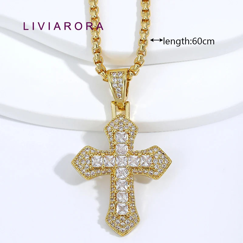 1Pc 18K Gold Plated Brass Iced Out Cross Pendant Necklace Hip Hop Religious Cross Pendant Necklace For Unisex Jewelry Gift