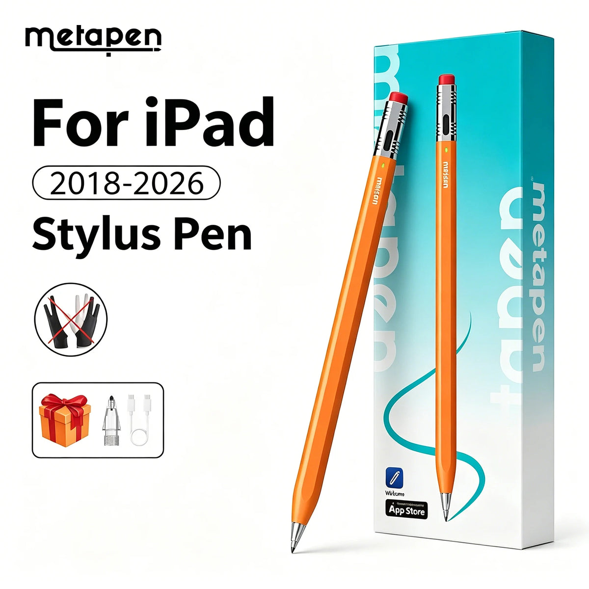 MetaPen Palm Rejection Stylus Pen for Apple Pencil, Ultra-Quiet, 26H Battery Life for iPad A16 Pro12.9/13 M4,Air 4/5/M3,Mini 5/6