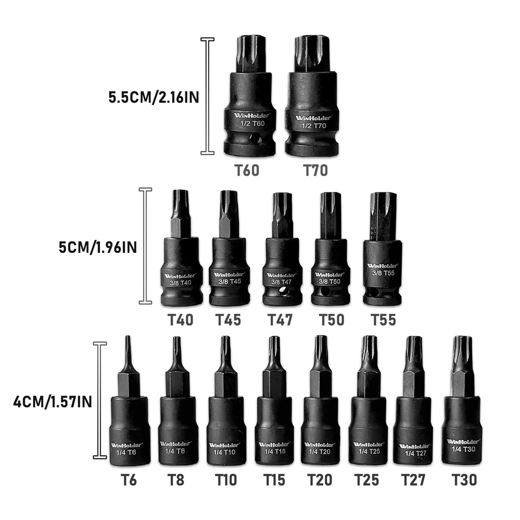 Juego de 15 vasos con puntas Torx de impacto, accionamiento de 1/4", 3/8" y 1/2", herramientas en pulgadas, puntas TRX-Star T6 a T30 para kit de reparación de garaje