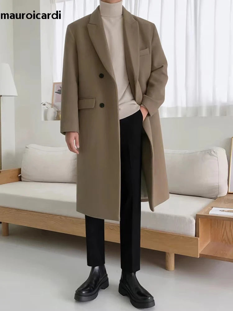 Mauroicardi Autumn Winter Long Warm Camel Black Woolen Coat Men Double Breasted Korean Style Wool Blends Overcoat with Back Slit