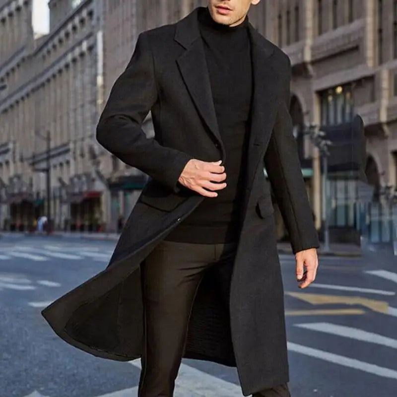 Autumn Winter Mens Wool Coat Solid Long Sleeve Woolen Jackets Fleece Men Overcoat Streetwear Fashion Long Trench Coat Outerwear