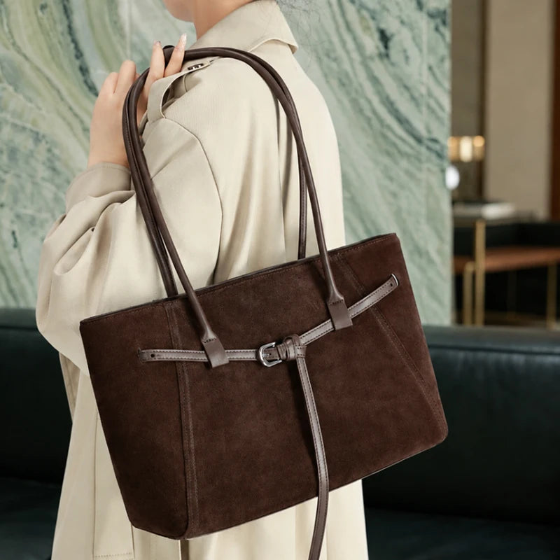 Matte Suede Women's Bag 2026 Luxury Brand Cow Leather Tote Handbags Large Capacity Commuter Shopper Soft Cowhide Underarm Bags