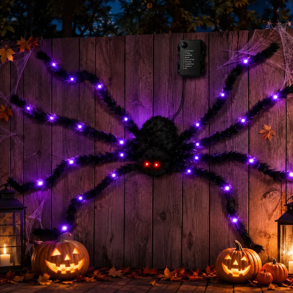 1 Stück Halloween-Riesenspinne, flauschig und schwarz, mit violetten LEDs, batteriebetrieben, 8 Leuchtmodi, für die Innen- und Außendekoration von Veranden