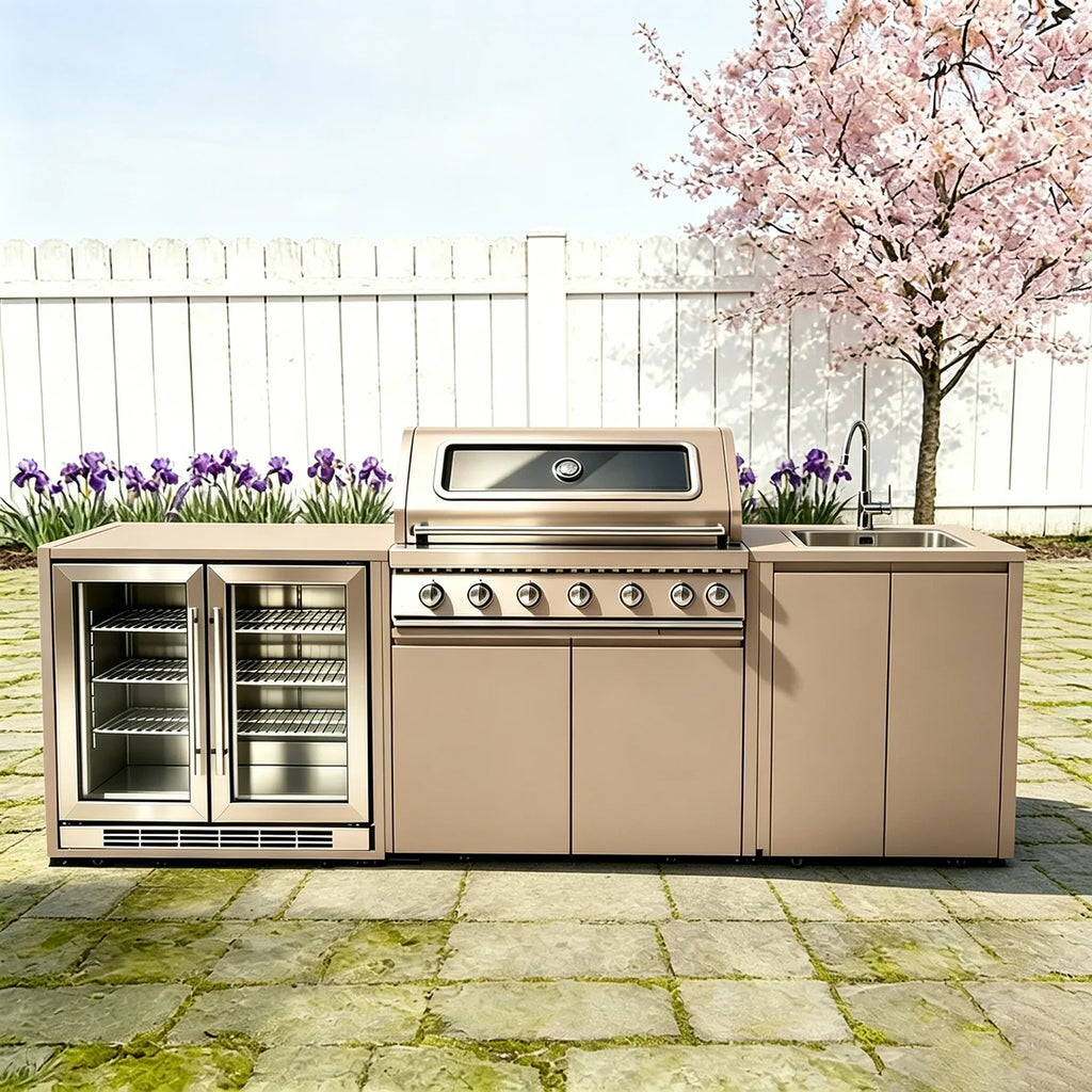 Full Kitchens ofrece cocinas de exterior completas, conjuntos de armarios duraderos con islas y carritos de cocina, conjunto de cocina para guisos.