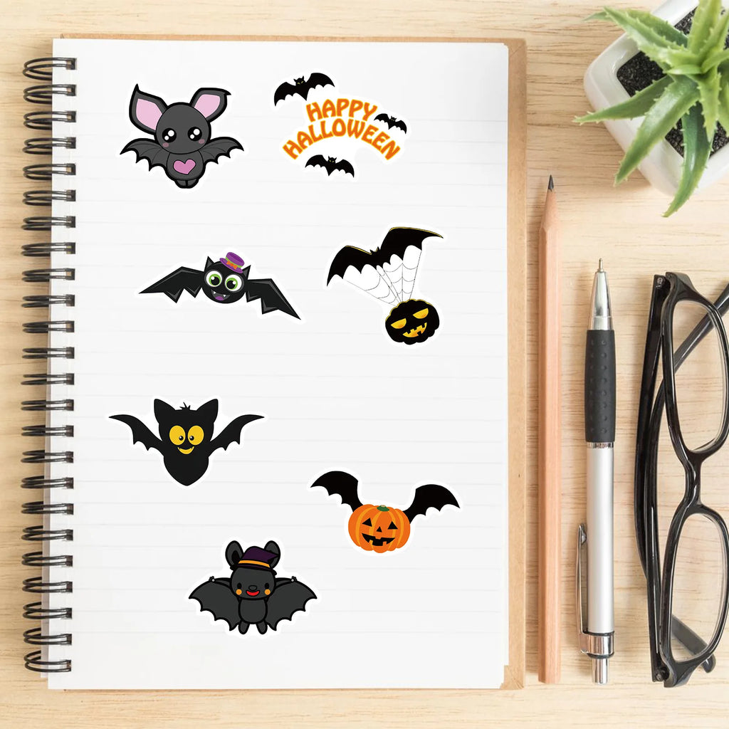 50/100 Uds. Pegatinas de murciélago morado de Halloween, estilo urbano para portátil, elementos de feliz Halloween, pegatinas de moda Harajuku para pared, bar y sala de estar