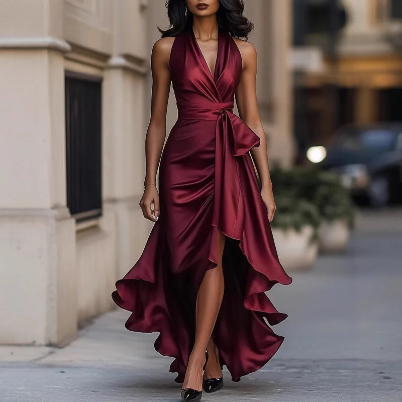 Abito midi da donna con scollo a V e bordo a volant — immagine 3
