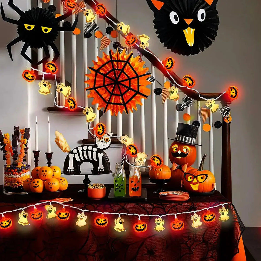1 pièce, guirlande lumineuse Halloween à 10/20 LED à un seul niveau, avec citrouilles et fantômes, à piles, pour la maison, le jardin et les fêtes d’Halloween