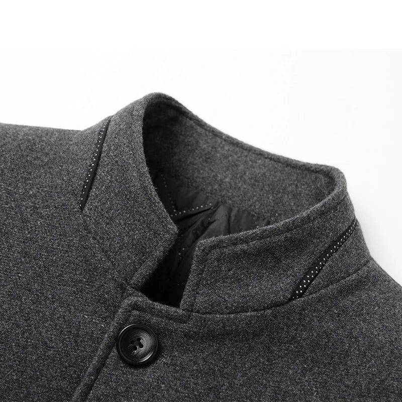 Men's Winter Wool Jacket, Single-breasted, Long-sleeved, Stand-up Collar, Business-casual Top. Gray, Black, Red Coat.