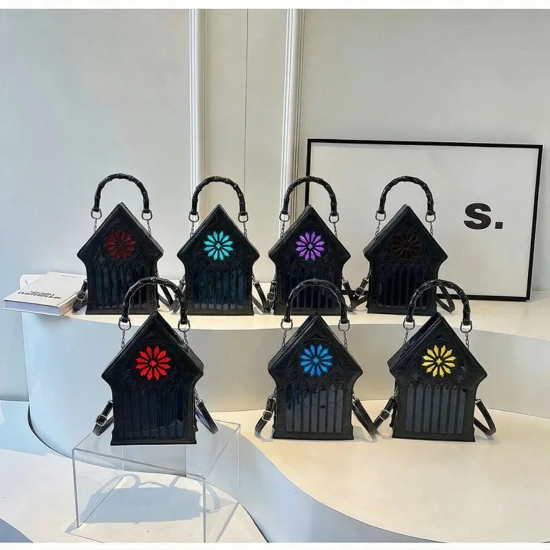 Gothic Cathedral Rose Window Handbag PU Leather Crossbody Bag Bamboo Handle Detachable Strap for Punk Lolita & Halloween Cosplay