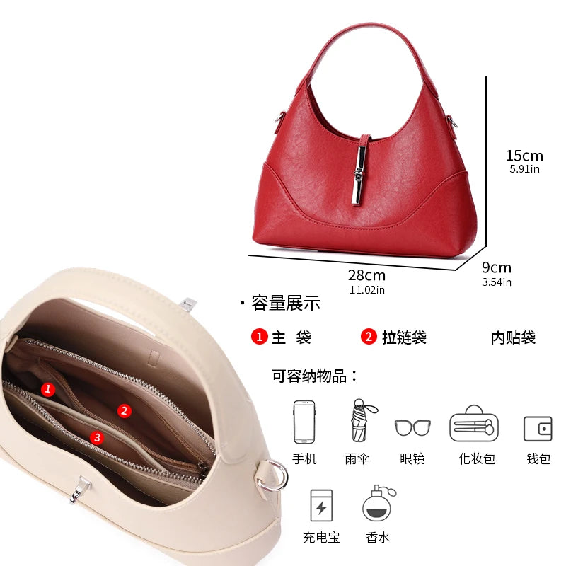 Women's Handbag Genuine Leather Shoulder Crossbody Bags Ladies Fashion Luxury Solid Versatile High Quality Cowhide Handbags