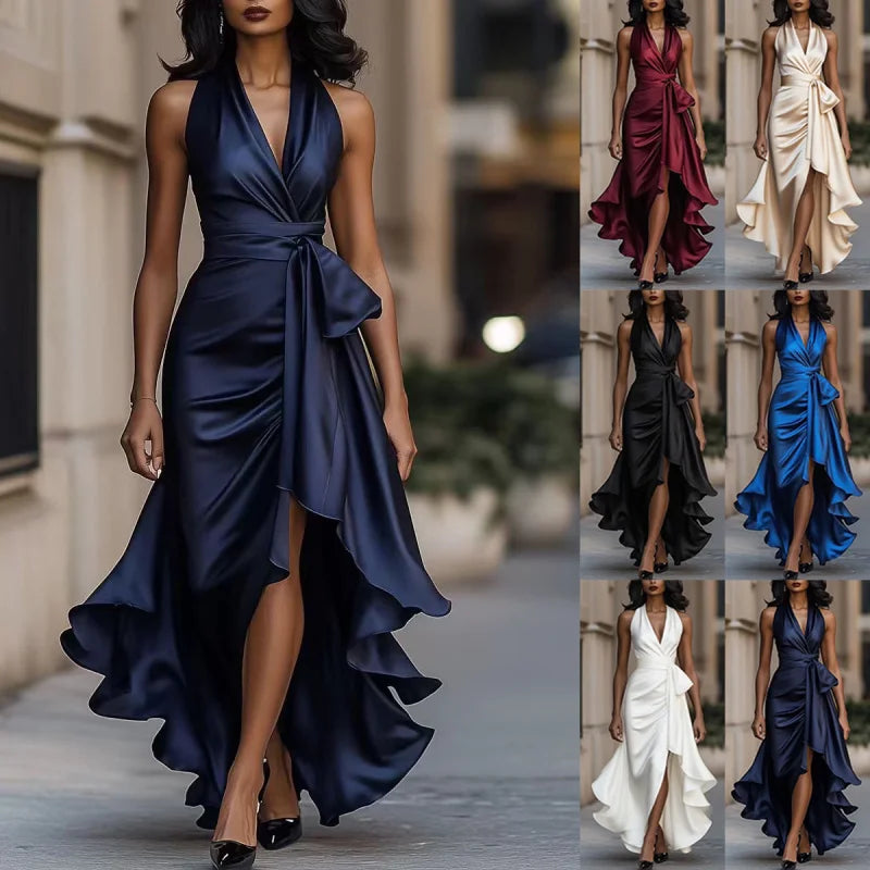 Abito midi da donna con scollo a V e bordo a volant — immagine 1