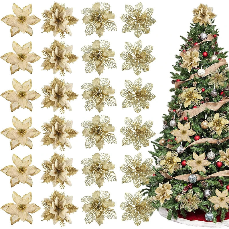 8/16Pcs Christmas Decorations Glitter Artifical Flowers Christmas Tree Ornaments for Home Decor Fake Flower Xmas New Year Gifts