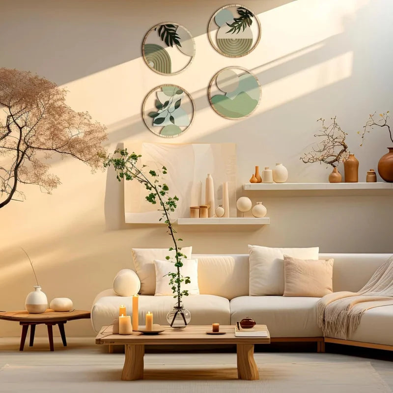 Lot de 4 décorations murales bohèmes - Décoration bohème en bois, œuvres d'art géométriques à suspendre, adaptées à une chambre de bébé, esthétique maison de campagne minimaliste