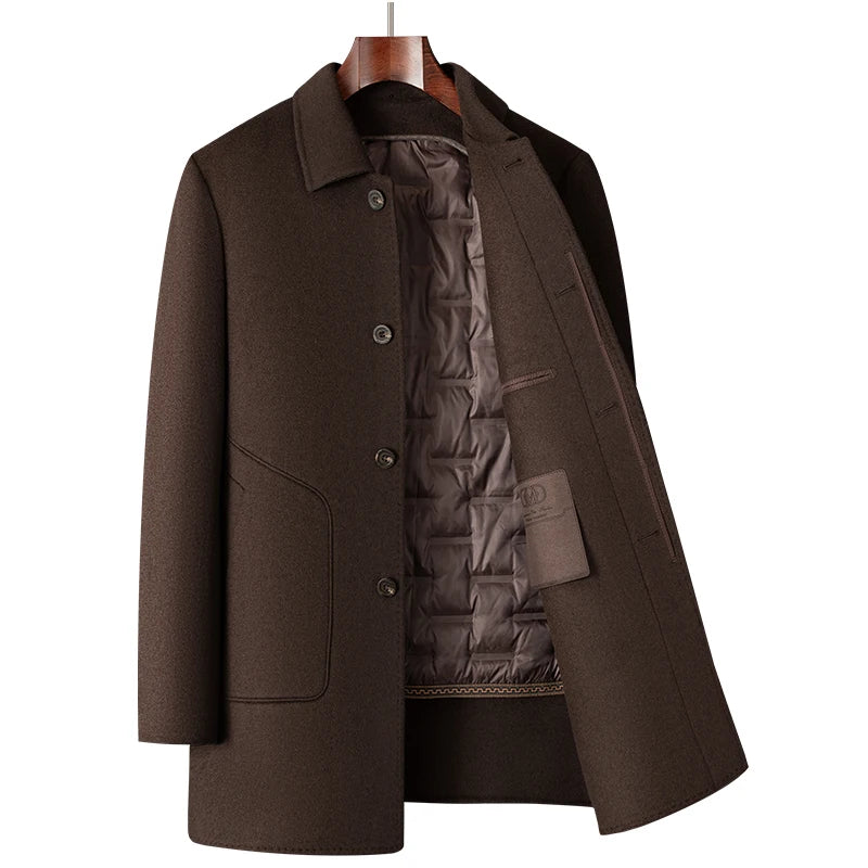2025 Winter New Men's High End Wool Coat with 70% Wool Content, Down Inner Tank Thickened Warmth, Medium to Long Business Coat