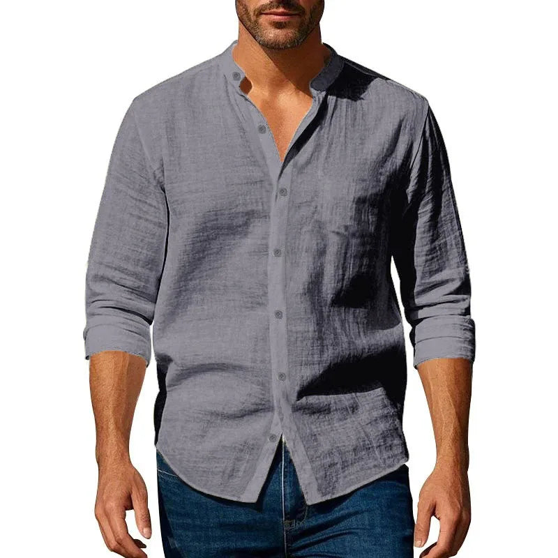 Lightweight Stand Casual Shirt, Men Long Sleeve Breathable Button Front Shirt for Daily & Holiday Wear