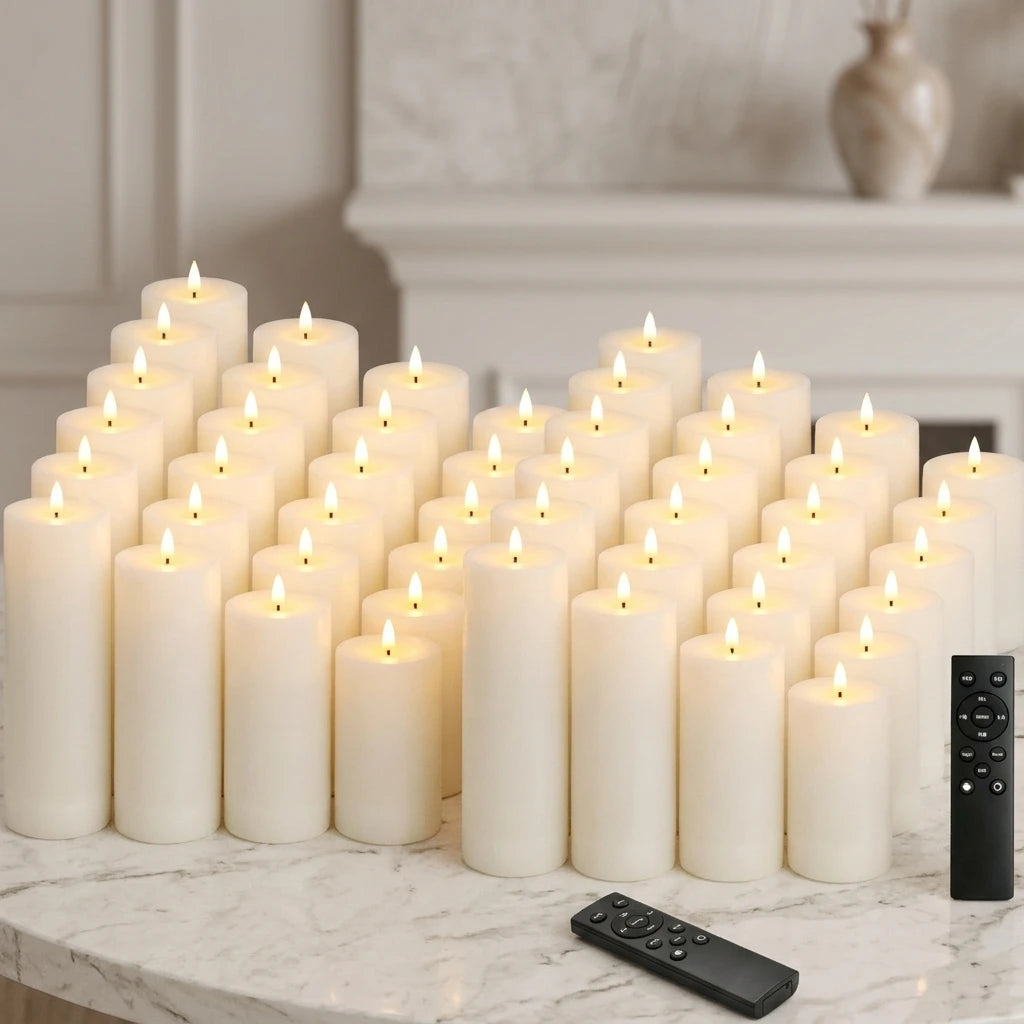 48 white electronic candles with warm light, ideal for home decor, fireplace, Christmas decoration, wedding and courtyard. Batteries not included.