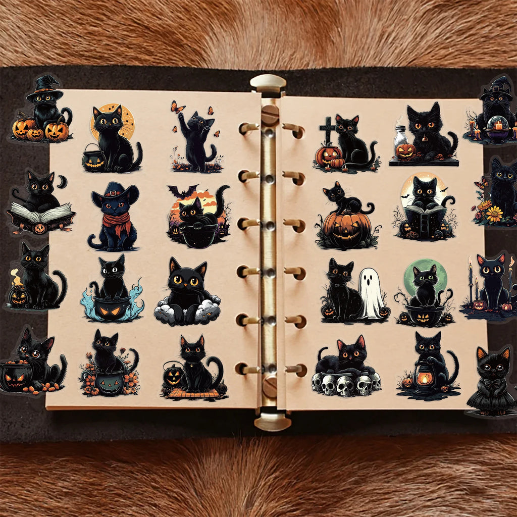 50pcs Halloween Cute Goth Black Cat Stickers Pumpkin Cartoon PET Sticker DIY Guitar Scrapbook Helmet Cool Graffiti Decals Toy