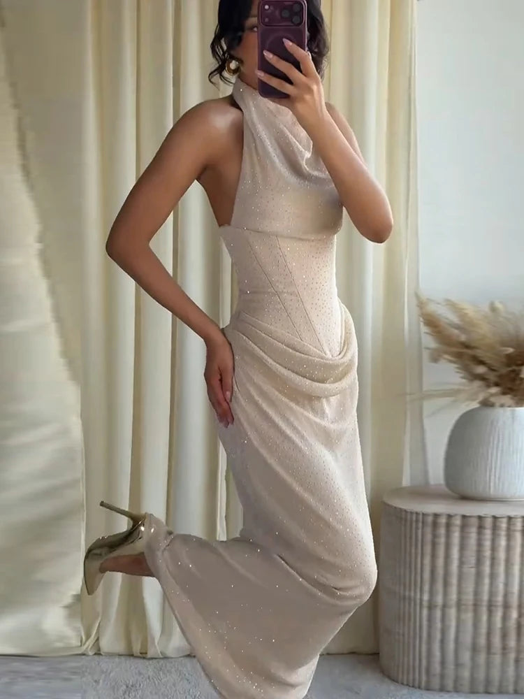 Urban Sequin Pleated Long Women's Dress Sexy Sleeveless Stand Collar Party Dresses Female 2026 Fashion Evening  Robe Lady