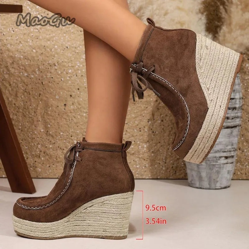 Women's Espadrille Wedge Ankle Boots, Suede Lace-Up High-Heeled Booties, Platform Sole Bohemian Short Boots, New for Fall 2026