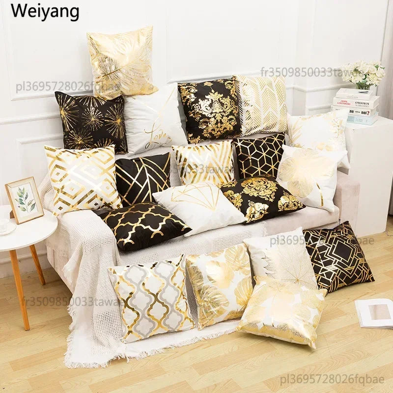 1pc 45*45cm Nordic Luxury Hot Stamping Pillowcase Gold Patterned Short Plush Pillowslip White and Black Square Pillow Cover