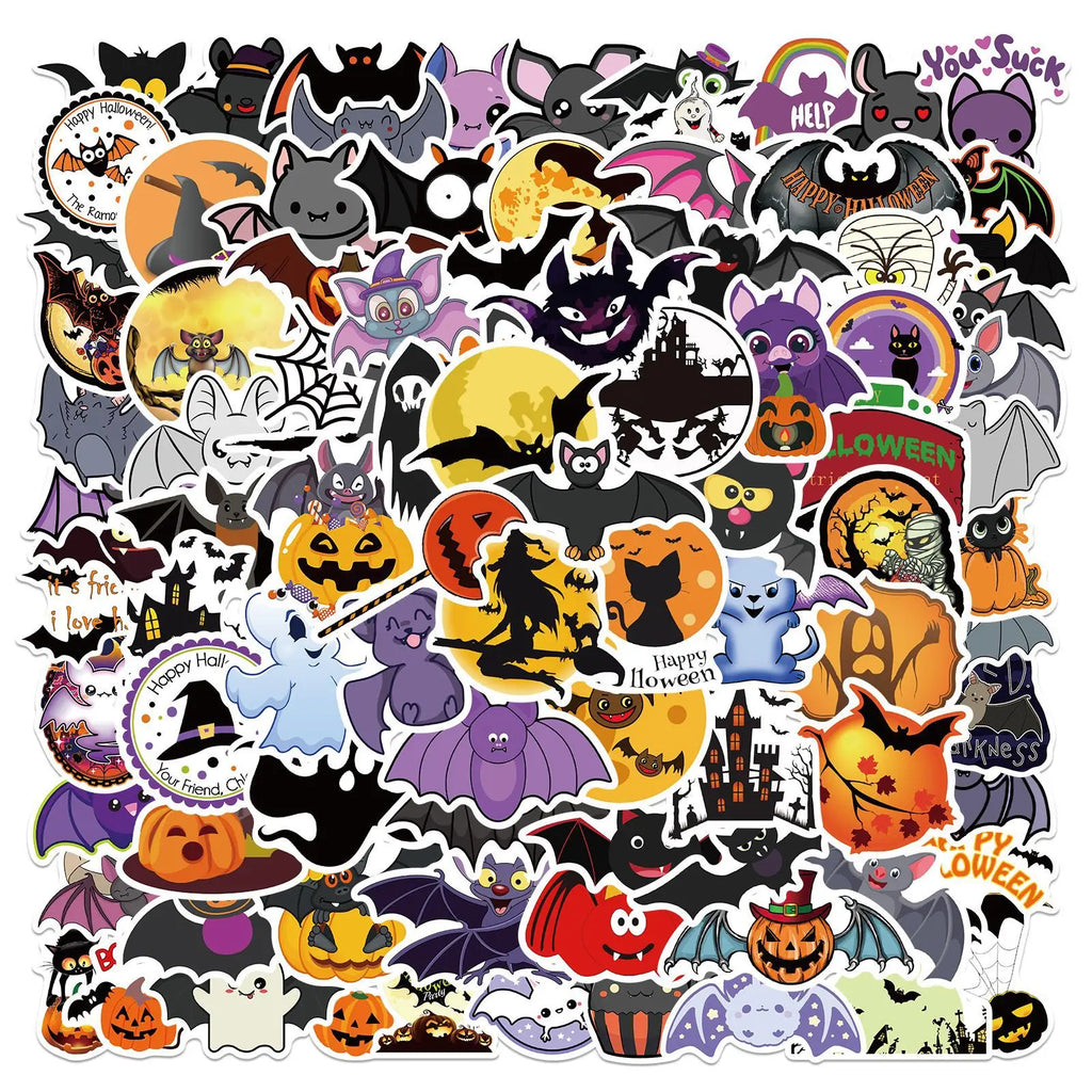 50/100 Uds. Pegatinas de murciélago morado de Halloween, estilo urbano para portátil, elementos de feliz Halloween, pegatinas de moda Harajuku para pared, bar y sala de estar