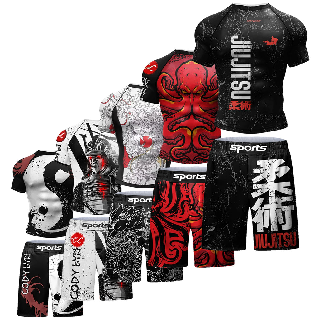 Completo sportivo uomo con rashguard e shorts da grappling