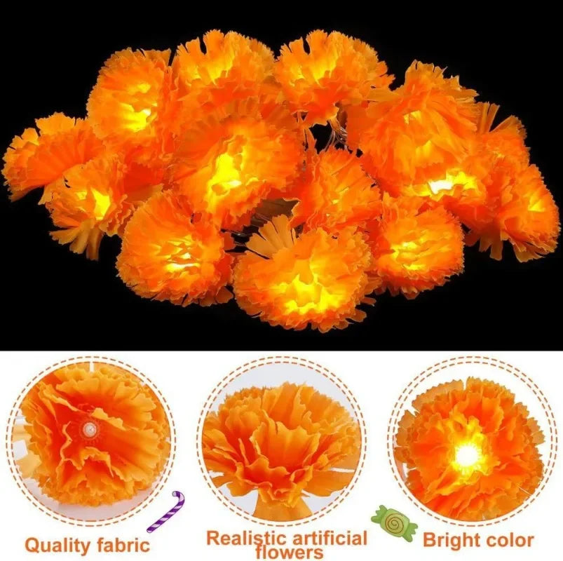 5 Ft LED Orange Marigold Garland Lights for Day of The Dead Halloween Diwali Christmas Party Home Decoration