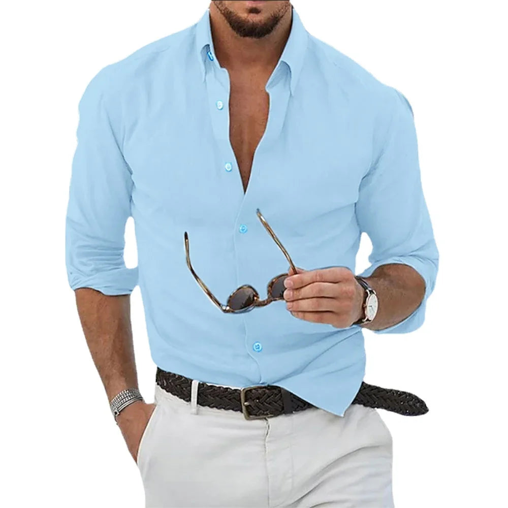 Men's Cotton Linen Shirts Men Tops Causal Loose Solid Color Long Sleeves Lapel Mens Autumn Casual Wear Streetwear
