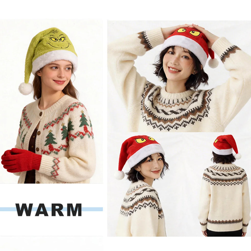 Plush Christmas Hat Embroidered Color Blocked Christmas Hat for Men and Women Christmas Party Hat