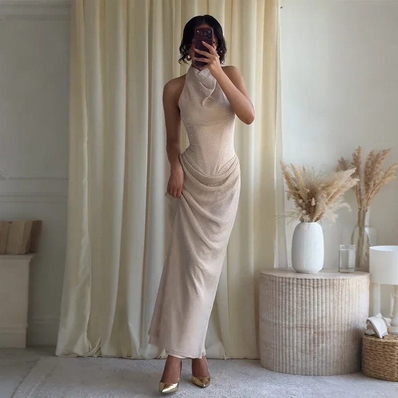 Urban Sequin Pleated Long Women's Dress Sexy Sleeveless Stand Collar Party Dresses Female 2026 Fashion Evening  Robe Lady