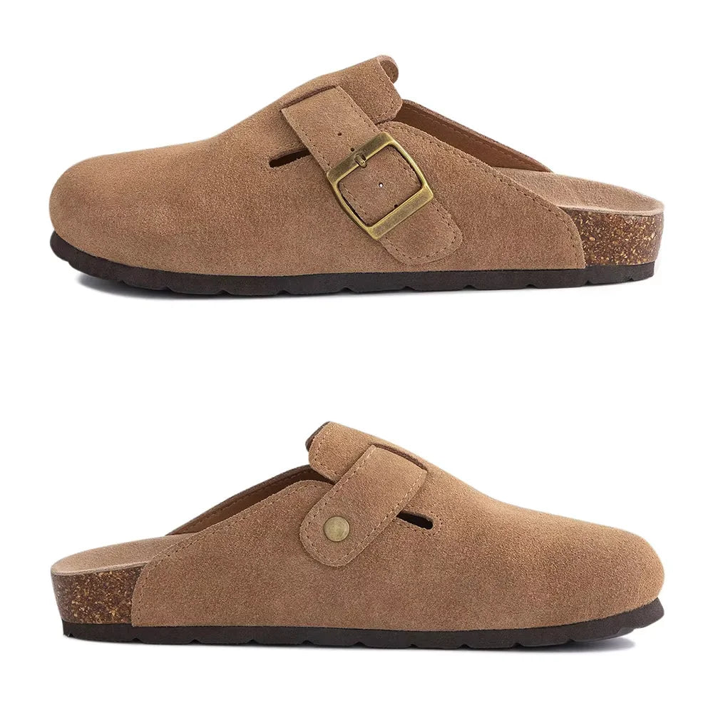 Asgard Women's Cork-Sole Clog Slippers, Fashionable Cow Suede Flat Mules with Adjustable Buckle, Men's Leather Potato Shoes, Beach Sandals