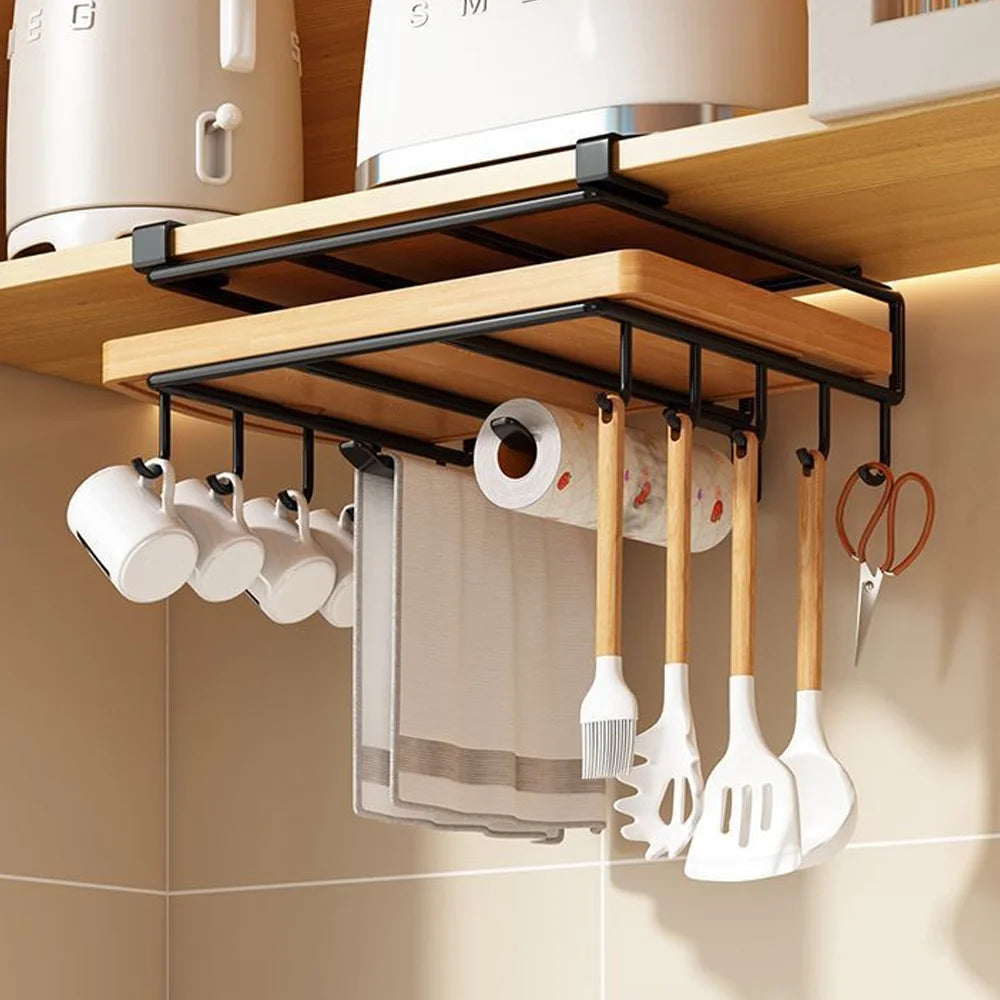 Organizador de cocina para debajo del armario con ganchos, estante de almacenamiento multiusos para toallas de papel, tabla de cortar y tapas de ollas