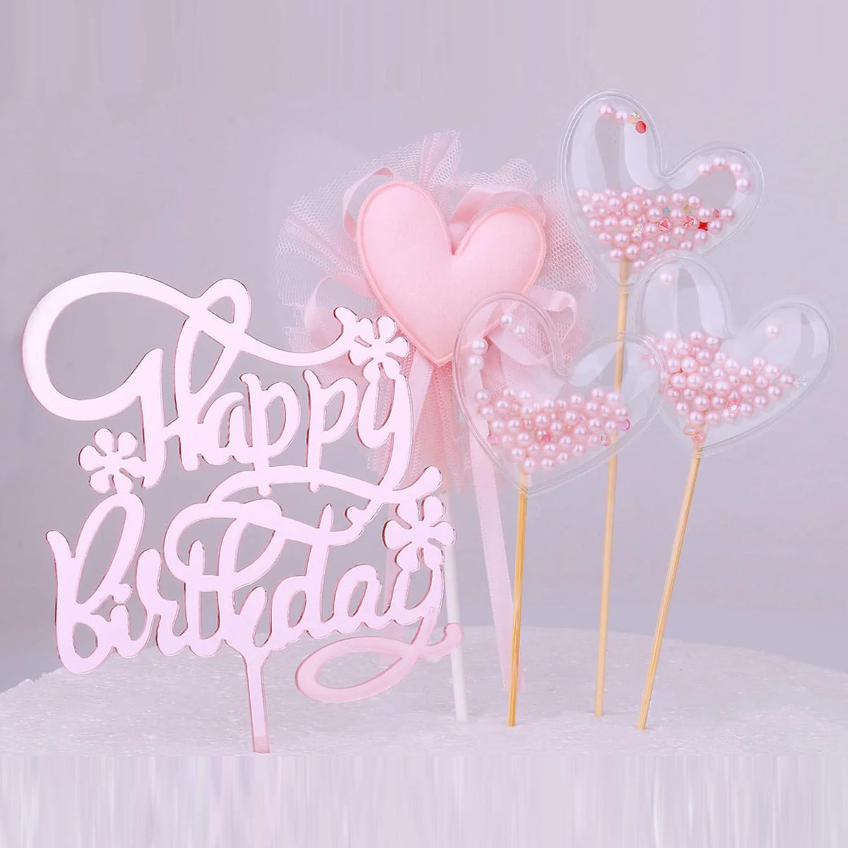Restards Roségold Happy Birthday Cake Topper Herz Pinke Perlen Cupcake Topper für Mädchen Prinzessinnen-Party Dekorationen Zubehör