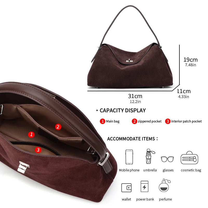 Suede Genuine Leather Women's Bag 2026 Luxury Brand Handbag Totes With Adjustable Shoulder Strap Large Capacity Crossbody Bags