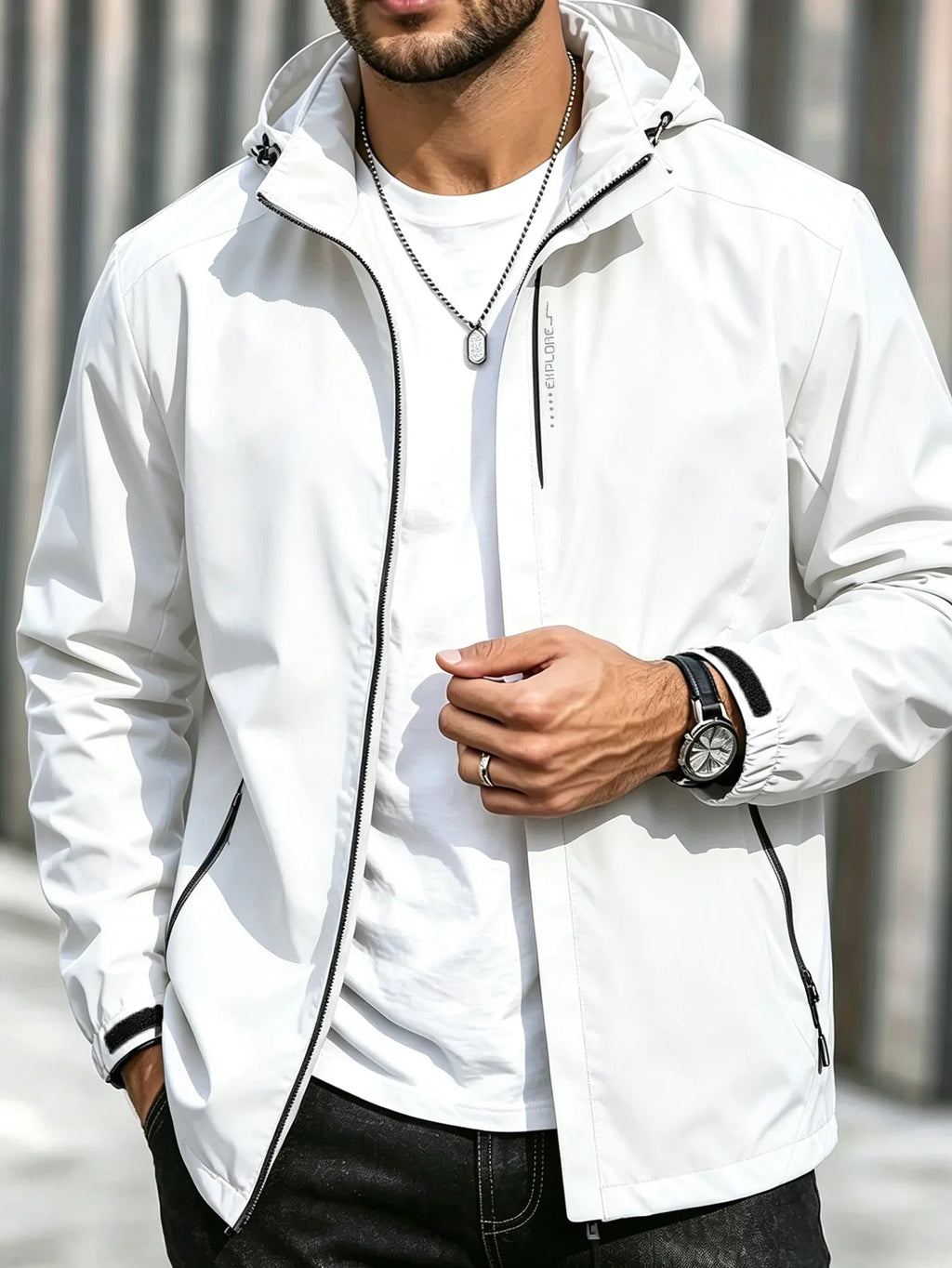 Men's Windproof Jacket Fashion Slim Fit Solid Color Simple Style Zipper Hooded Outerwear Autumn Hiking Outdoor Clothing