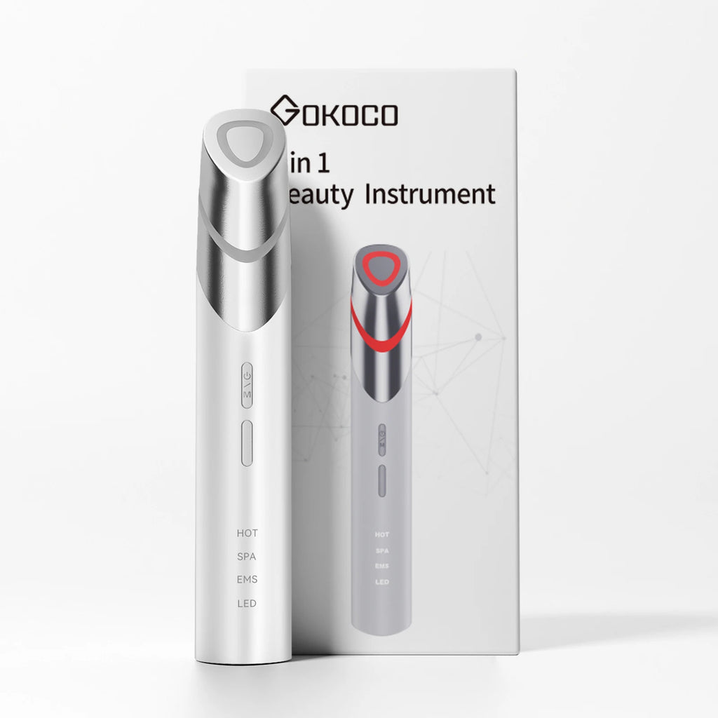Appareil de beauté oculaire 4-en-1 avec compresse chaude, masseur facial LED et masseur pour le contour des yeux, les cernes et les soins du visage