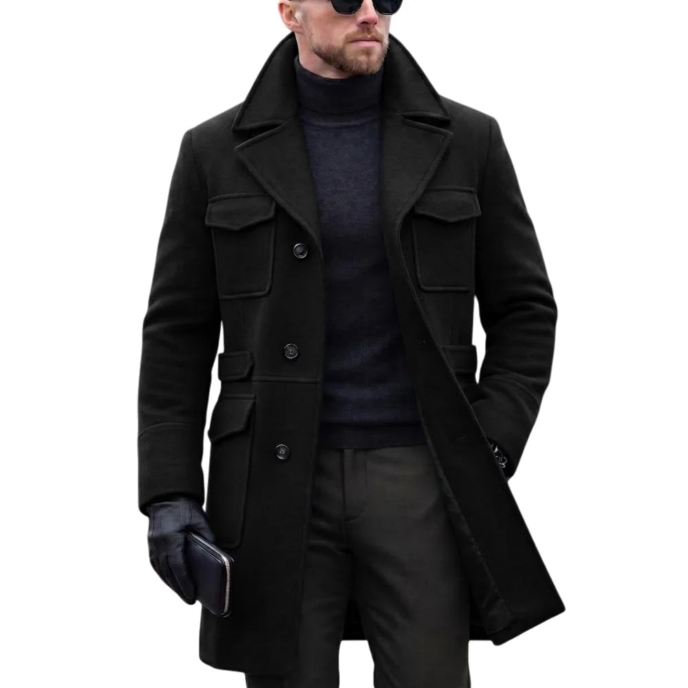 2026 Autumn Winter Woolen Coats Men Solid Color Turn Down Collar Single Breasted Multi Pocket Smart Casual Trench Outerwear Man
