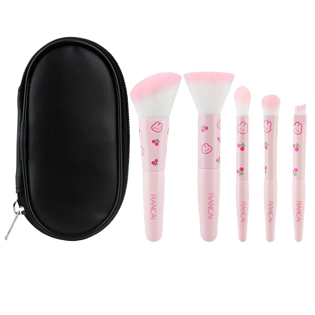 Ensemble de 5 pinceaux de maquillage compacts et mignons avec étui, pinceaux haut de gamme pour une application impeccable du fond de teint, du blush et du fard à paupières, accessoires de beauté