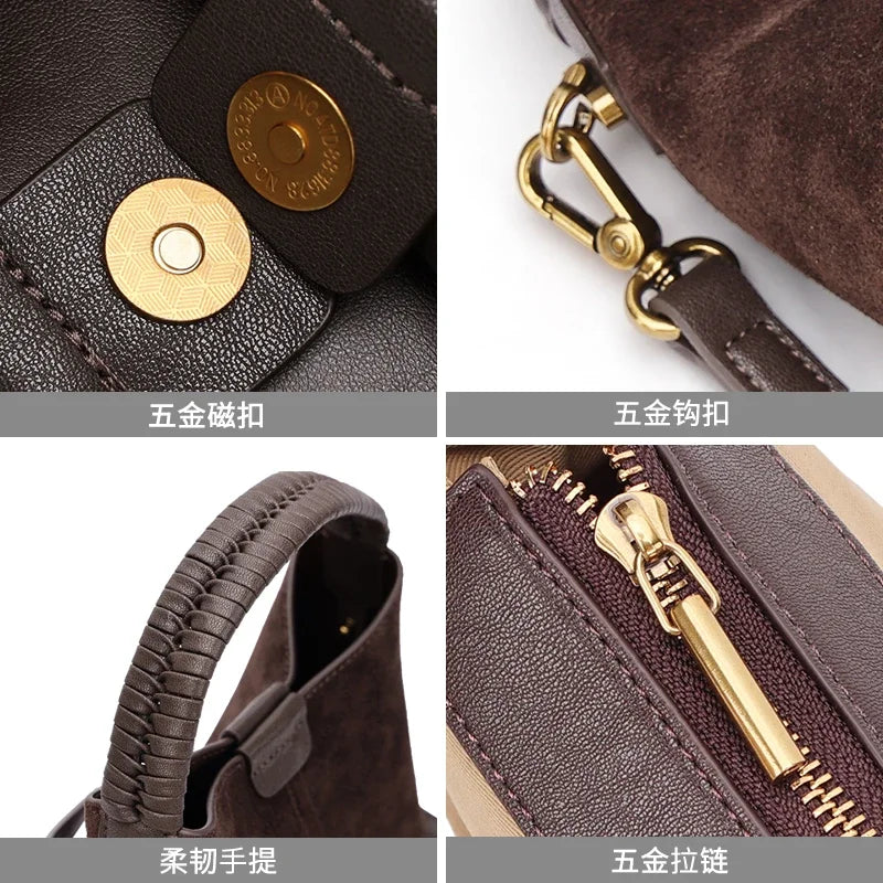 Luxury Designer Genuine Suede Cowhide Women Bucket Handbag Braided Woven Top Handle Real Leather Hobo Bag Ladies Shoulder Purse