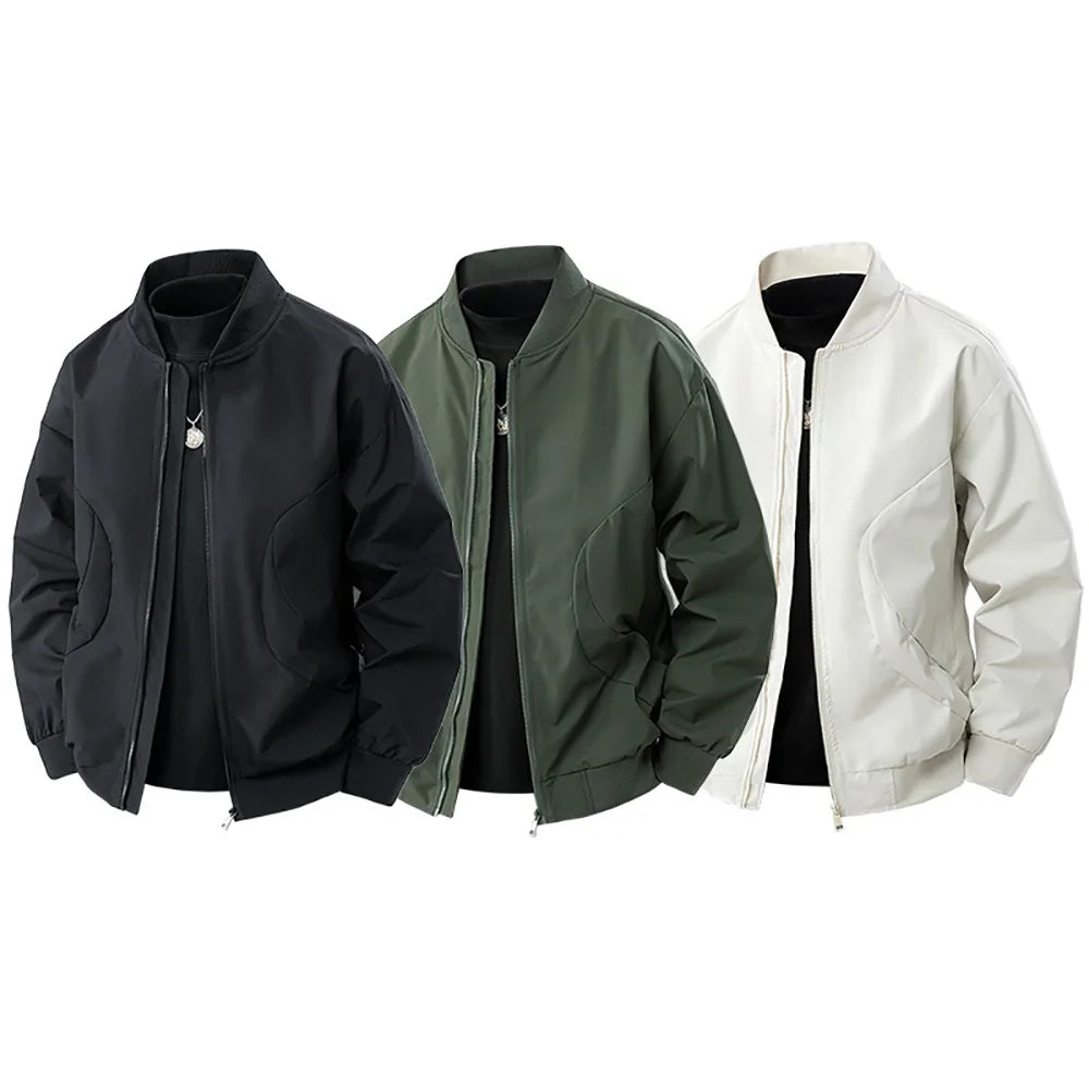 Spring New Men's Bomber Jacket Solid Color Pocket Zipper Fashion Baseball Jacket Simple Style Stand Collar Casual Streetwear
