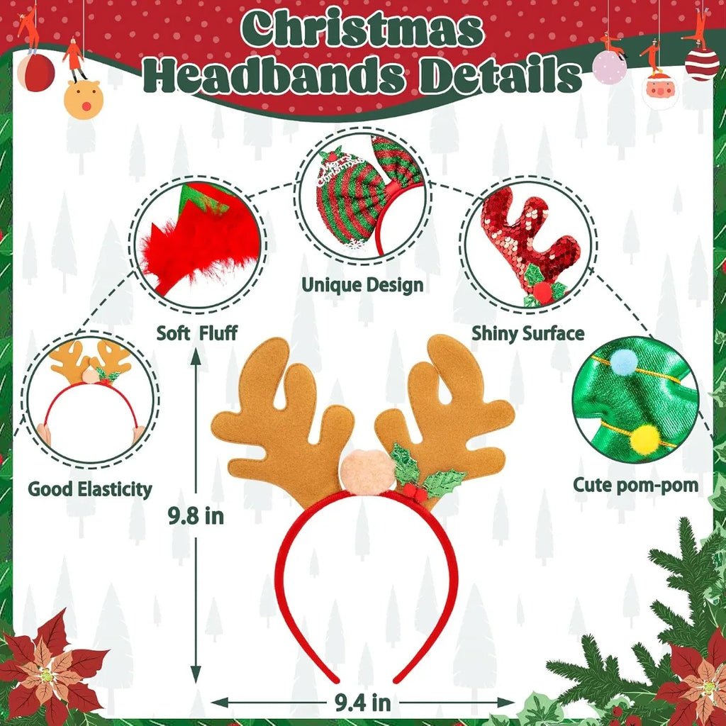 12Pcs Different Holiday Christmas Headbands Christmas Themed Plastic Headbands with Santa Claus Snowman Reindeer Antlers Party