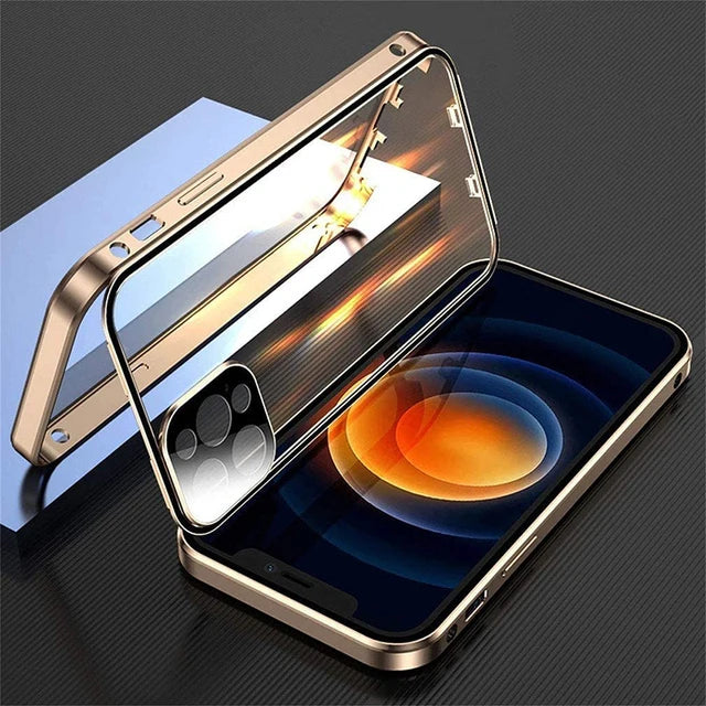 360 Full Protection Metal Magnetic Double Sided Glass Snap Lock Case For iPhone 18 17 16 15 14 13 Pro Max Lens Protection Cover