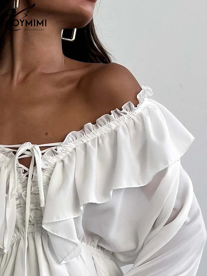 Abito bianco da donna con scollo a V e maniche lunghe