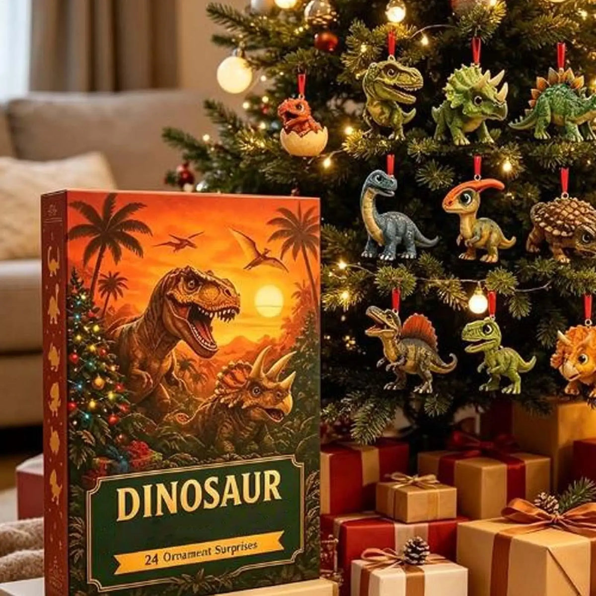 2026 Dinosaur Advent Calendar 24 Day Christmas Countdown Calendar 2D Acrylic Flat Dinosaur Pendant Tree Ornament Holiday Gift