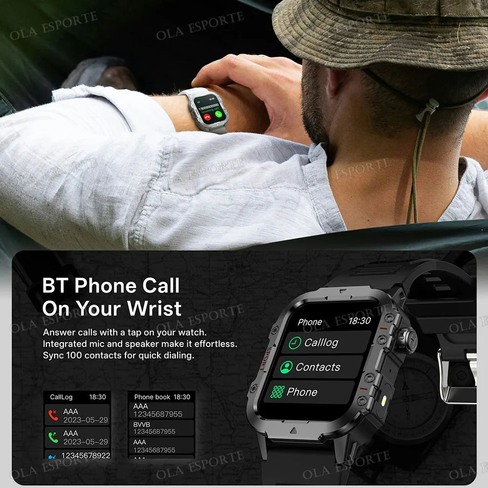 2026 Military Outdoor Smart Watch Men's GPS Flashlight Bluetooth Call 2.01" AMOLED Screen 3ATM Waterproof Sports Smartwatch Ht30